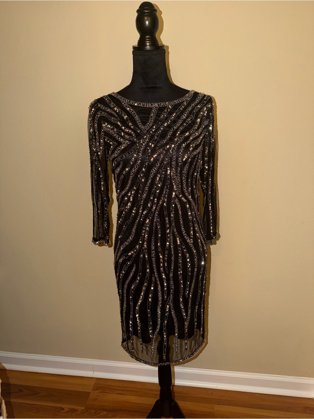 J Kara Black Sequin Long Sleeve Sheath Dress with Silver Accents
